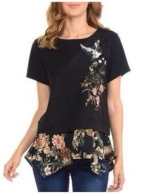 W5 Black Short Sleeve Top with Floral Hem and Side Bouquet